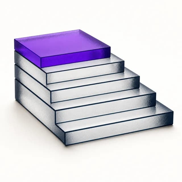 Abstract staircase of five stacked translucent slabs with the top slab violet — a ledger cascade