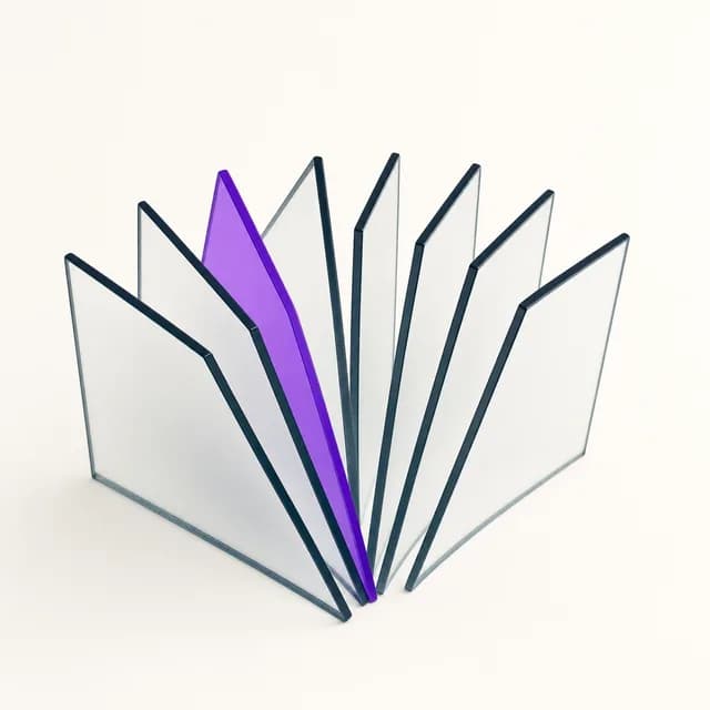 Abstract fan of eight thin translucent plates, one violet — the verification passes of a claims run