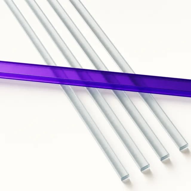 Abstract parallel glass rails crossed by a single violet rail — freight lanes and an exception