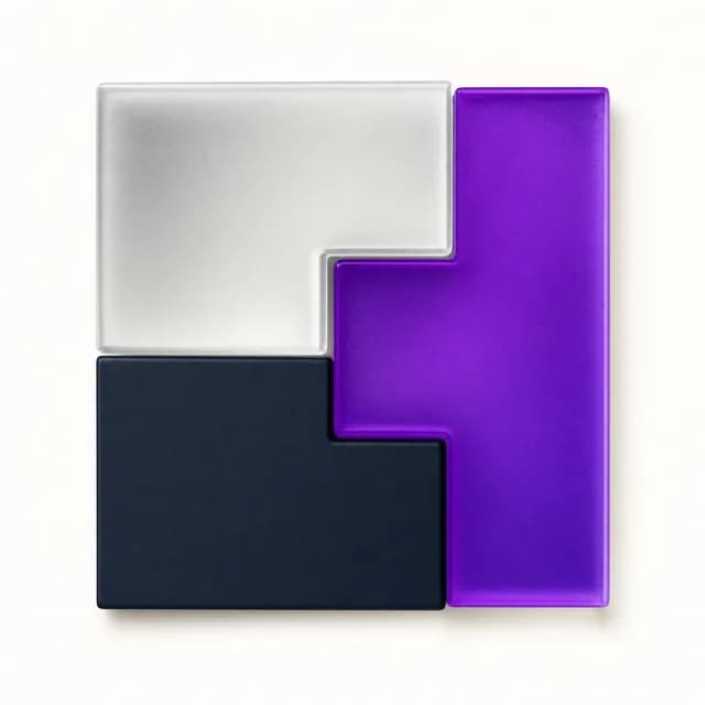 Three machined interlocking blocks in ink, frosted glass and violet — a precision procurement fit