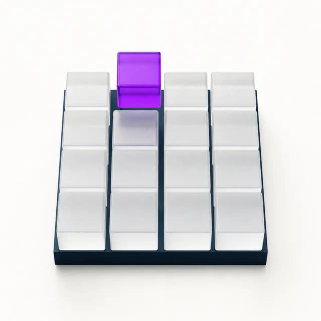 Abstract grid of frosted cubes with one violet cube lifted above the grid — one SKU out of tolerance